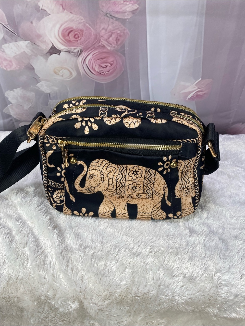 Black and Gold Elephant Print Crossbody Bag